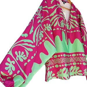 Ador Womens XL Puffy Sleeve Tunic Blouse Green Pink Tropical Beach Festival Chic